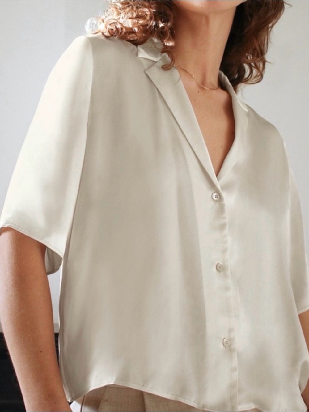 Aritzia Cream Short-Sleeve Button-Down Silk Blouse